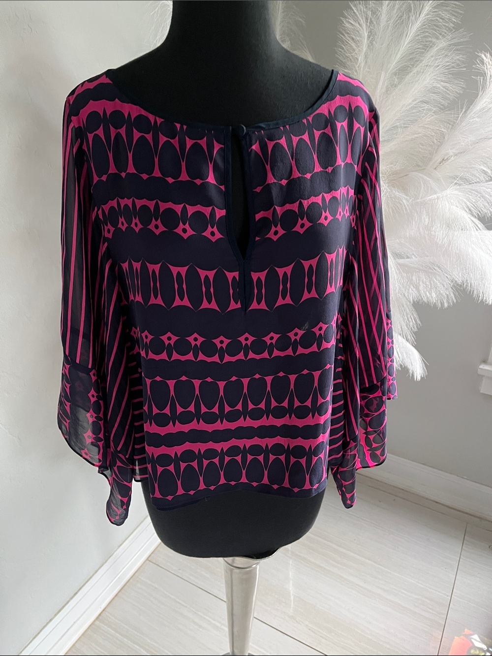 Nanette Lepore Navy and Magenta Geometric Blouse